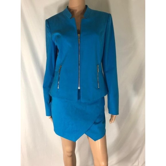 NWT Guess By Marciano Suit Set Light Blue Jacket Coat Full Zip & Skirt Mini 10 - Picture 1 of 12